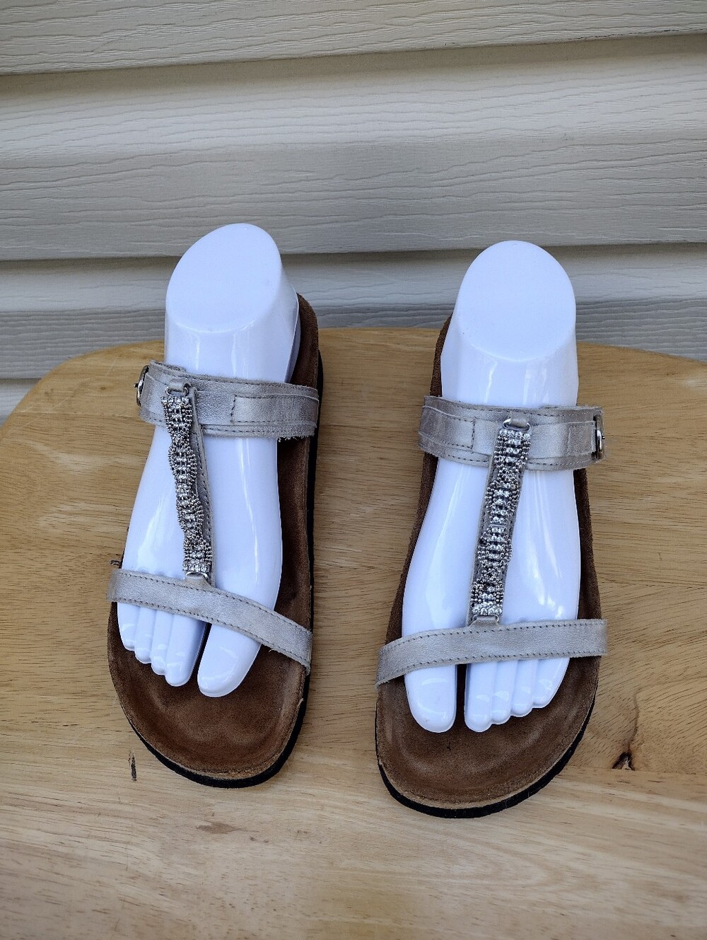 Naot Malibu Women's Leather Embellished T-Strap Slide Sandals gray Size 39 US 8